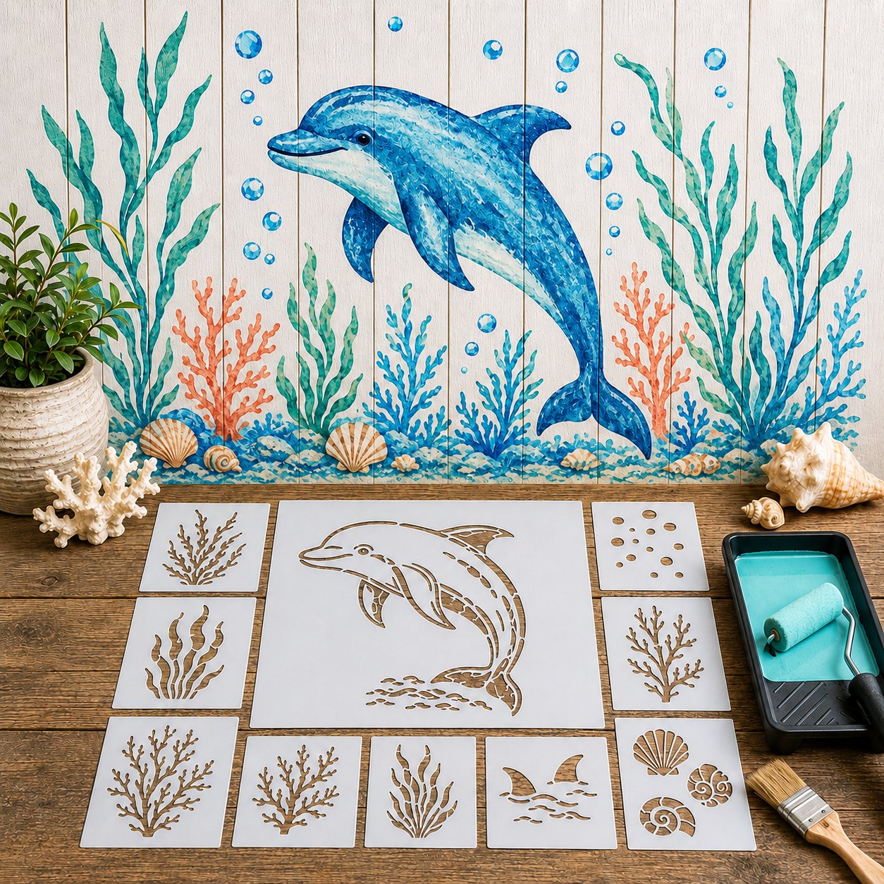 🐙 Reusable Ocean Octopus Mural Stencil Set | Bring Plain Walls & Fences to Life with a Bold Underwater Scene 🌊🎨✨