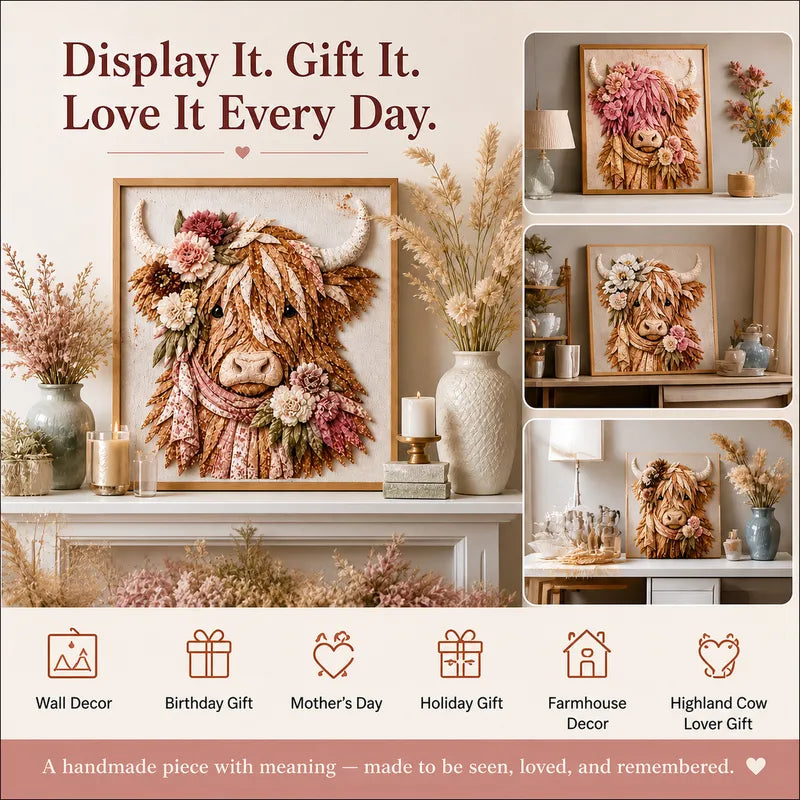 💐🌸 Birth Flower Highland Cow 3D Layered Fabric Art DIY Kit 🐮