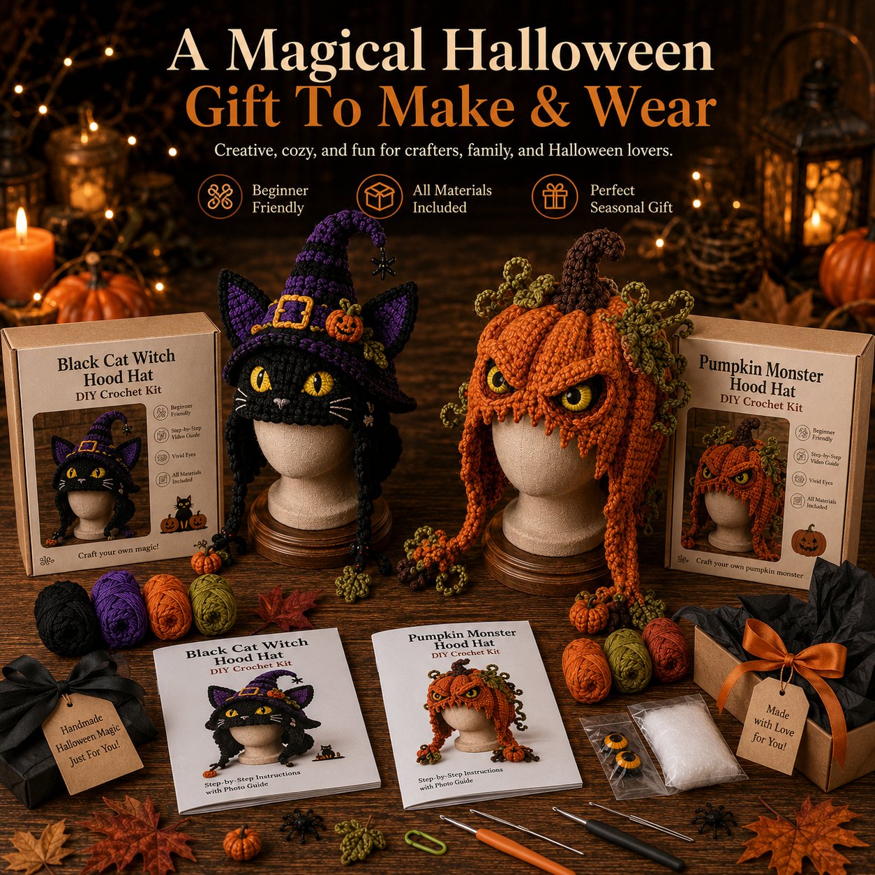 🎭🎃 Halloween Monster Hood DIY Crochet Kit | Premium Soft Yarn Materials with Step-by-Step Guide DIY Handmade Wearable Character Hood 🧶✨