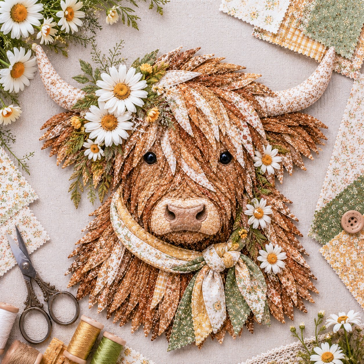 🐮💐🌸 Birth Flower Highland Cow 3D Layered Fabric Art DIY Kit (Beginner-friendly) 🔥