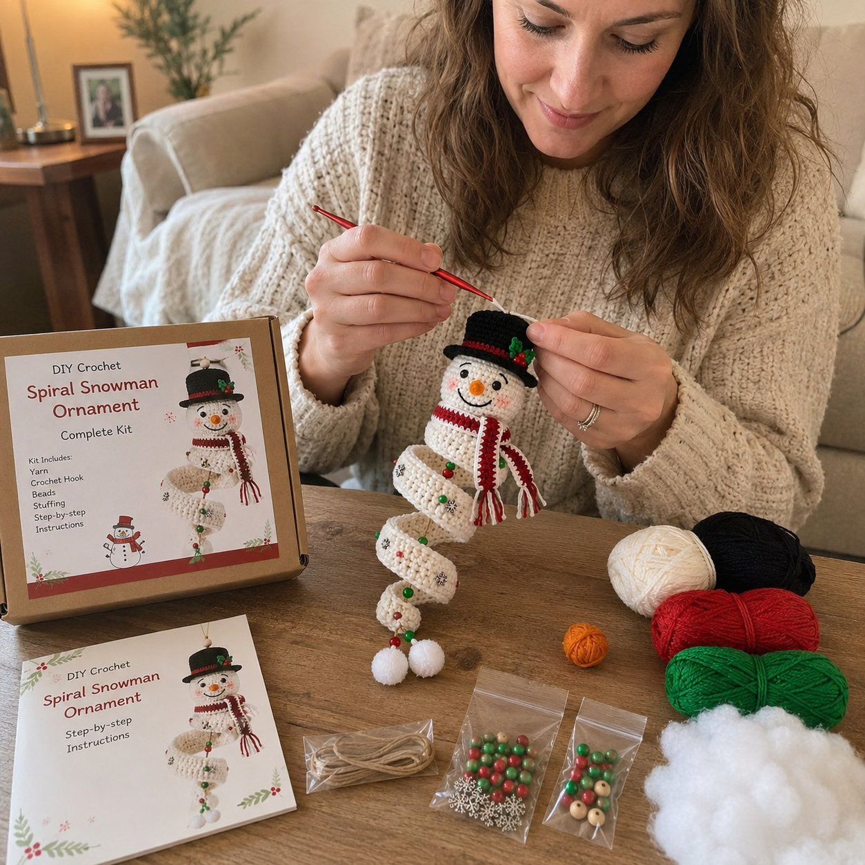 🔥 Limited Time Sale 49% OFF – ☃️ Crochet Snowman Spiral Ornament DIY Kit | Complete Beginner-Friendly Set with Soft Yarn, Crochet Hook, Festive Beads, Snowflakes & Step-by-Step Guide 🧶🎄✨