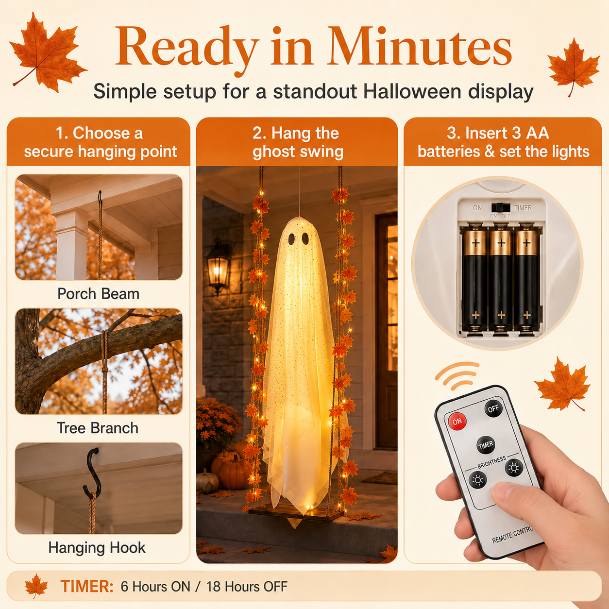 Light-Up Swinging Hanging Ghost Halloween Outdoor Decoration