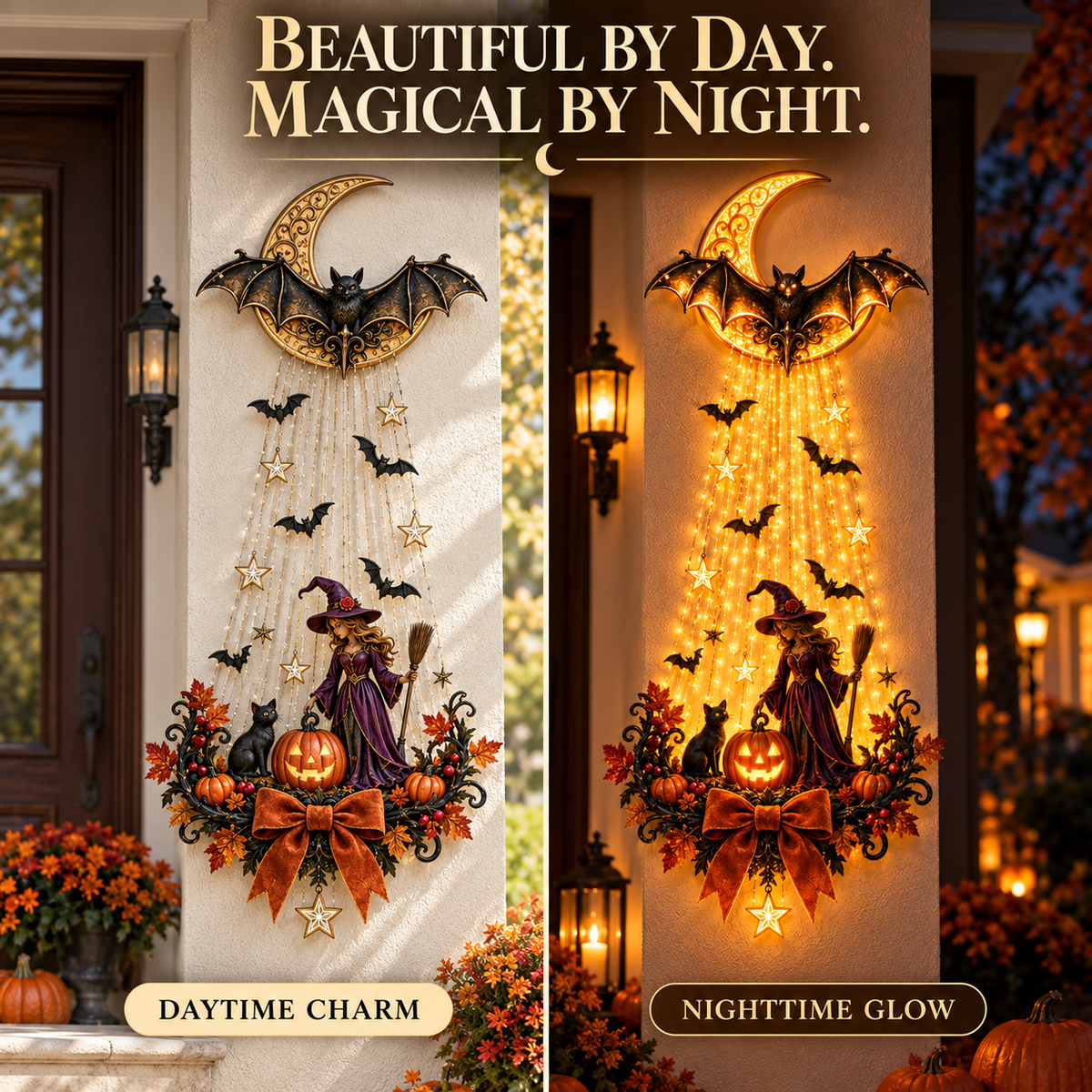 🌙 Moonlit Witch™ Halloween Cascade Wall Light – Enchanting Bat, Pumpkin & Golden Glow Décor 🦇✨