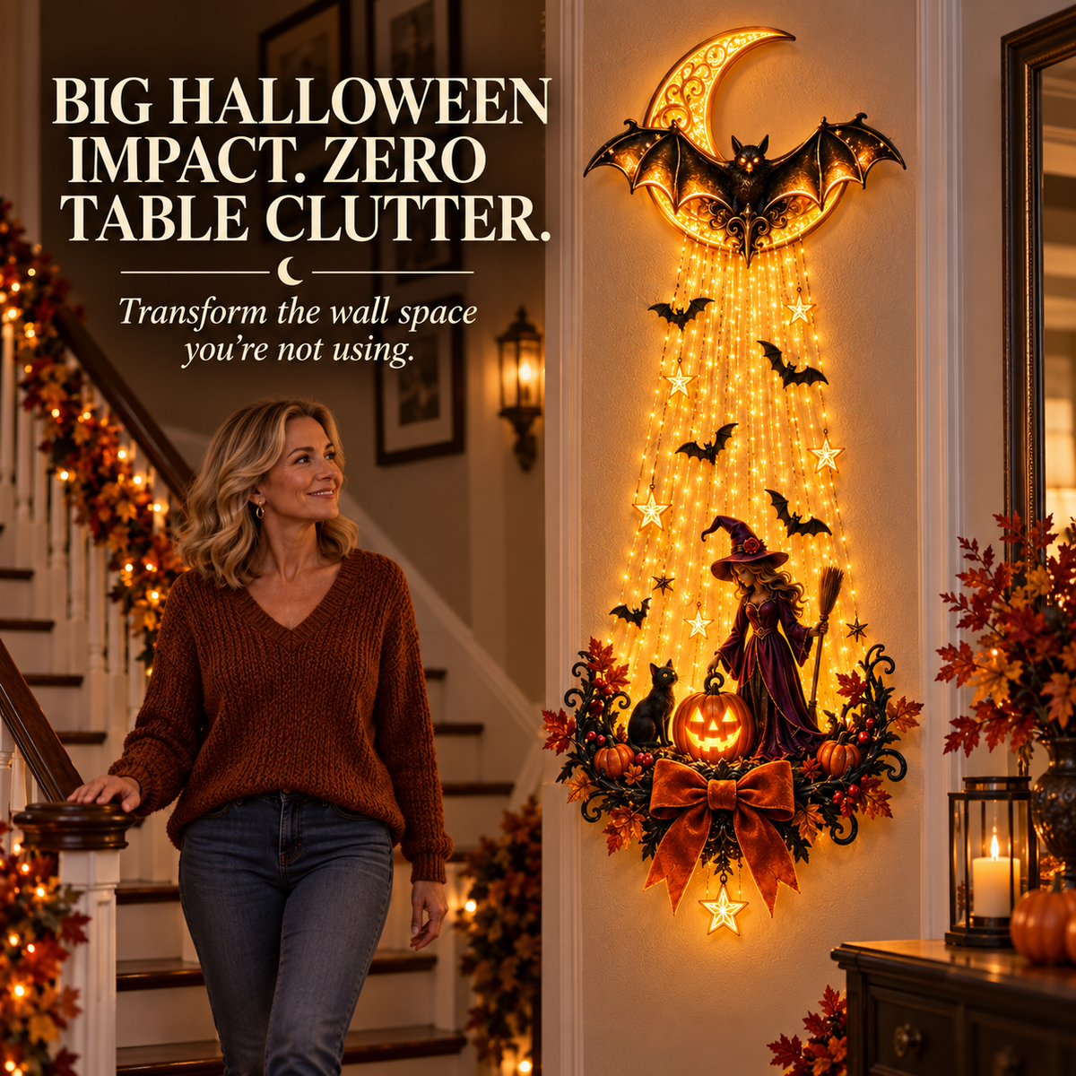 🌙 Moonlit Witch™ Halloween Cascade Wall Light – Enchanting Bat, Pumpkin & Golden Glow Décor 🦇✨