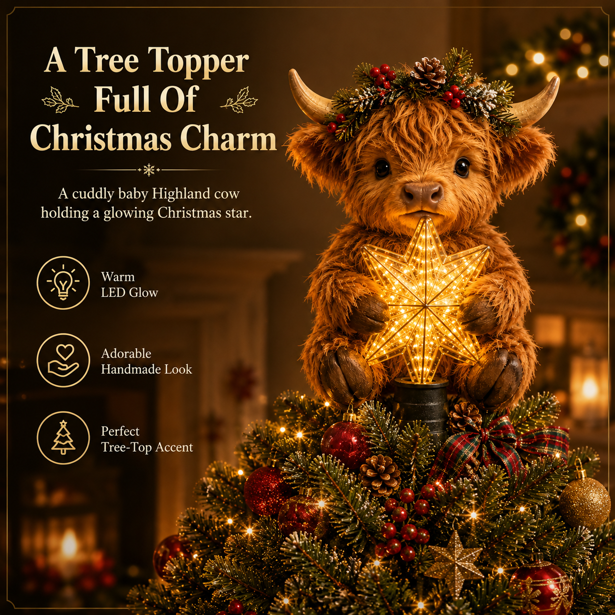 🎄Baby Highland Cow Glowing Star Tree Topper✨