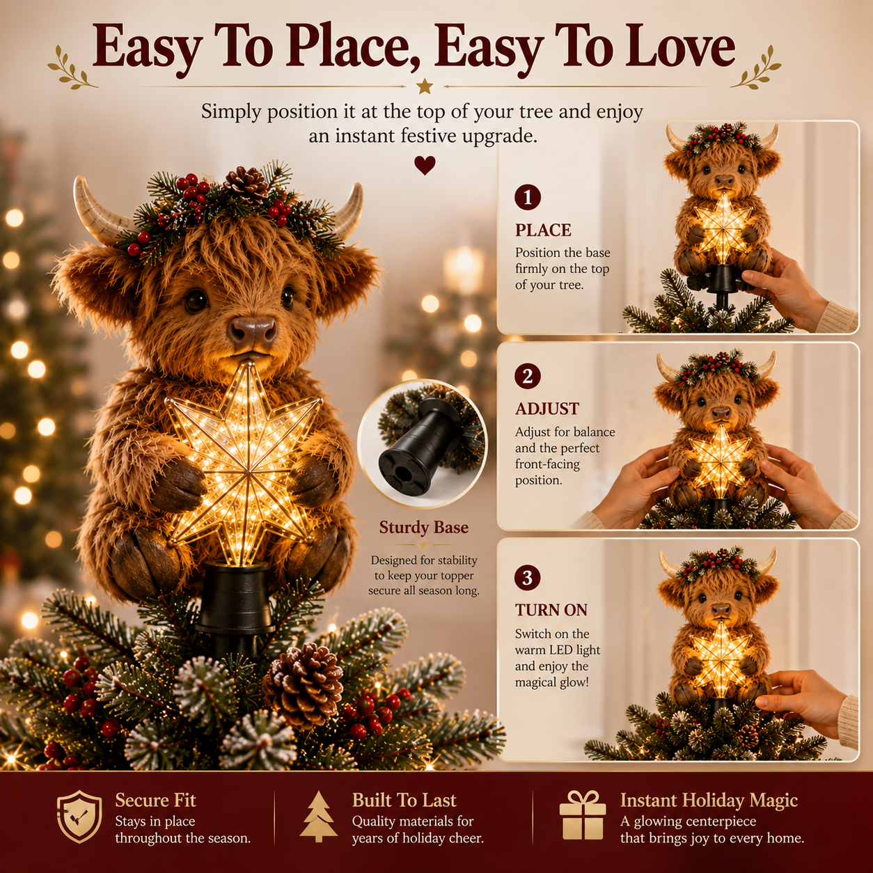 🎄Baby Highland Cow Glowing Star Tree Topper✨