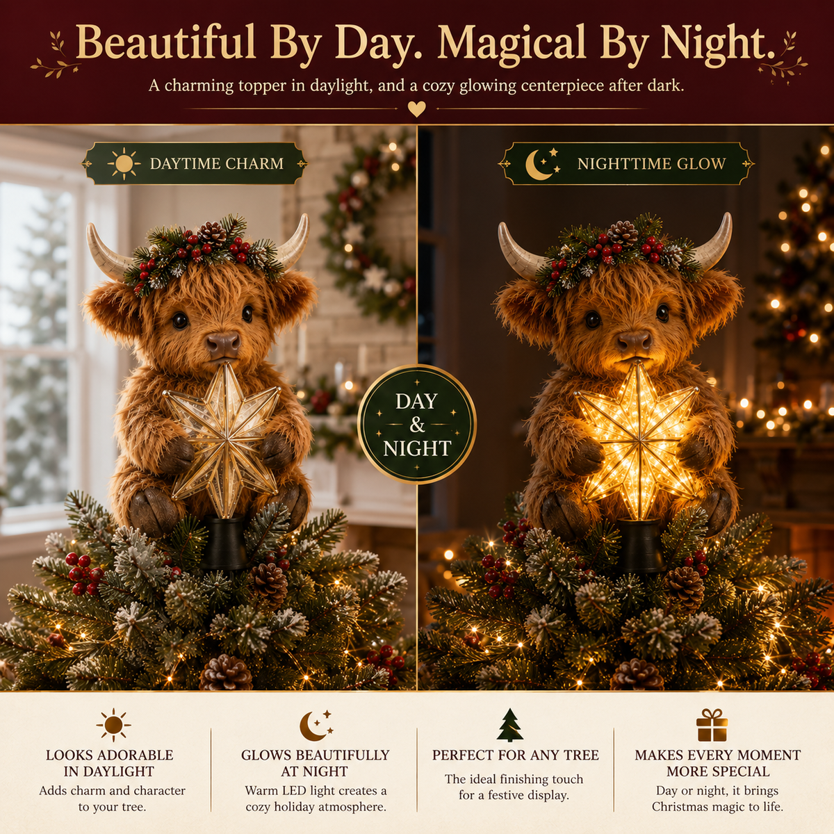 🎄Baby Highland Cow Glowing Star Tree Topper✨