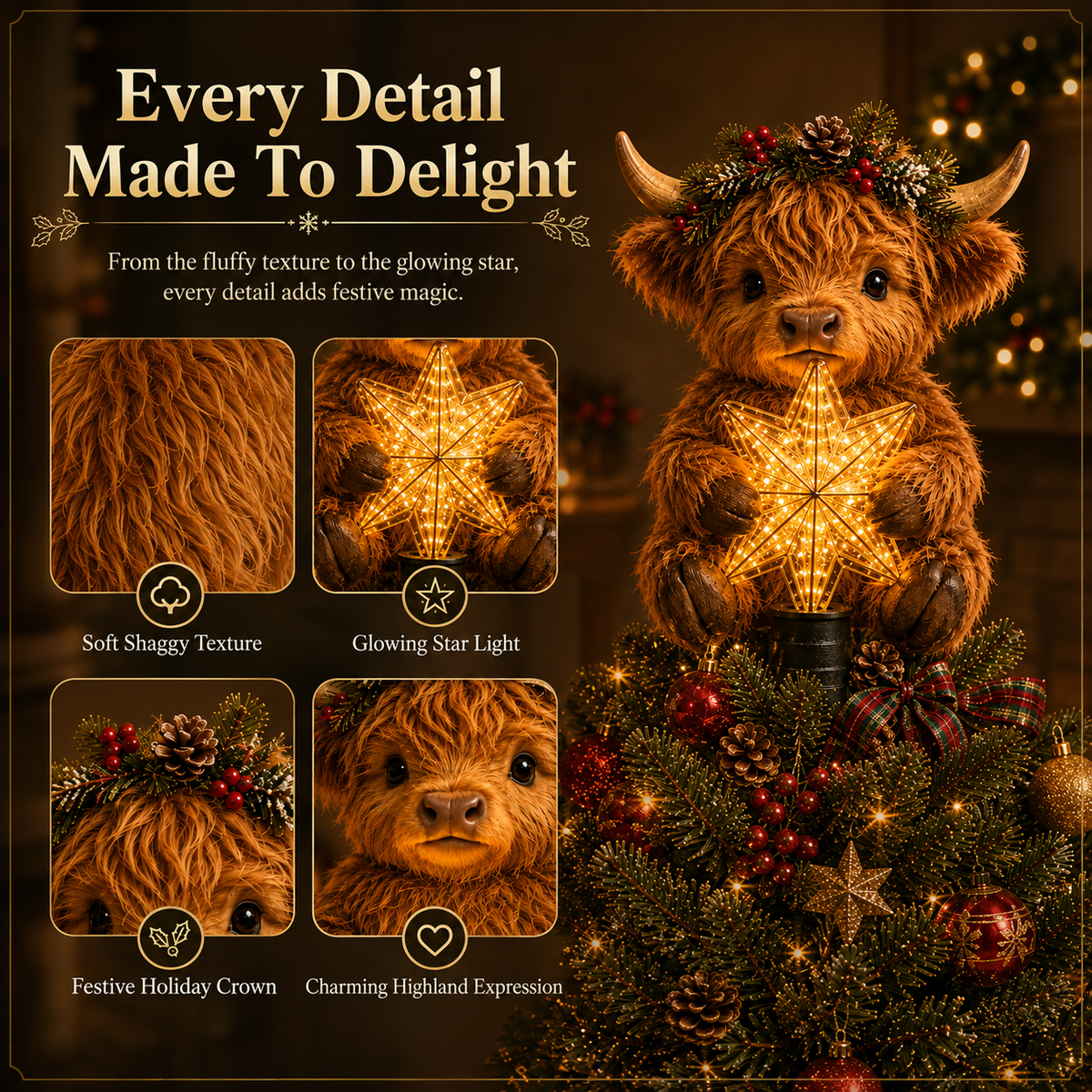🎄Baby Highland Cow Glowing Star Tree Topper✨