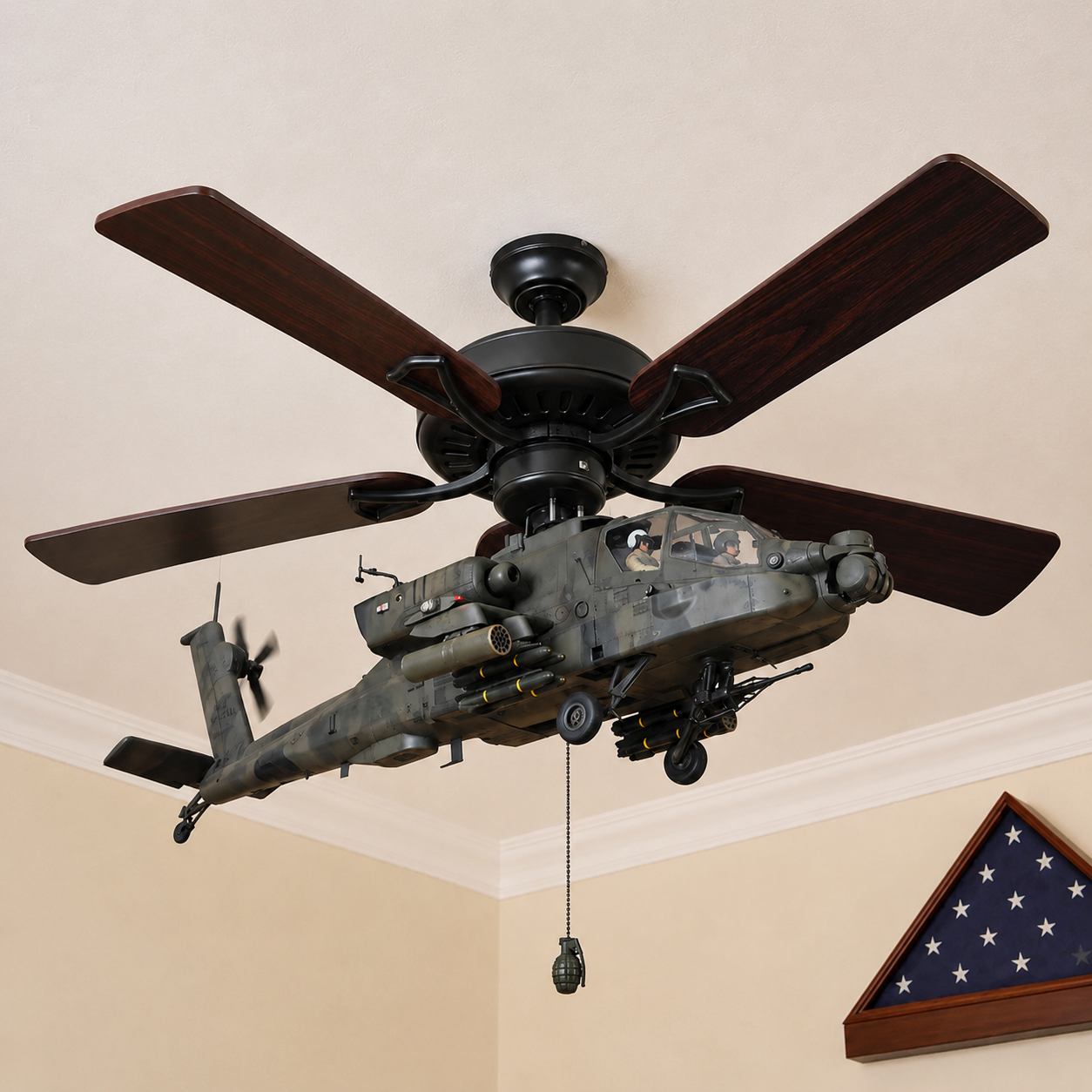 🚁 Military Helicopter Ceiling Fan Decor – Realistic Hanging Ornament for Man Cave & Home.