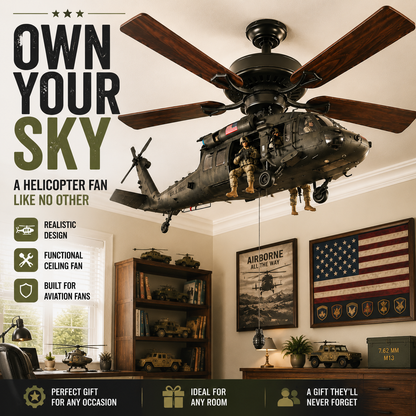 🚁 Military Helicopter Ceiling Fan Decor – Realistic Hanging Ornament for Man Cave & Home.