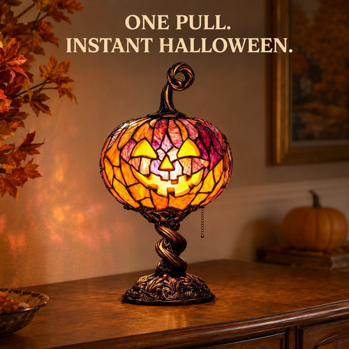 🎃 Halloween Pumpkin Glow Lamp – Vintage Stained-Glass-Style Table Light