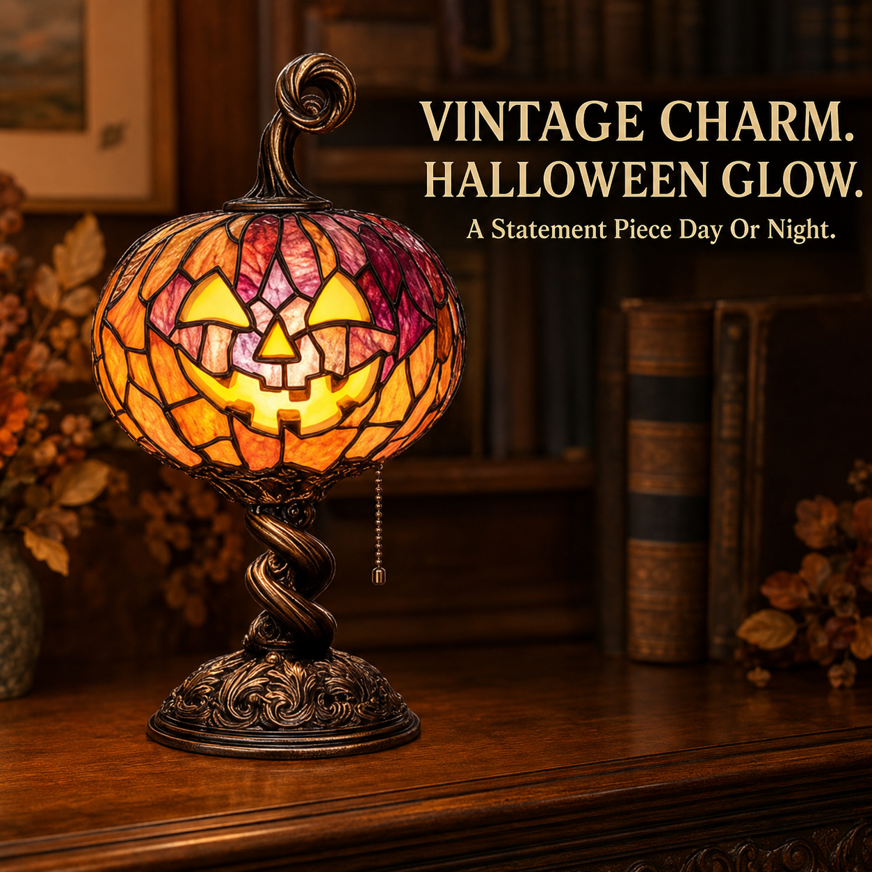 🎃 Halloween Pumpkin Glow Lamp – Vintage Stained-Glass-Style Table Light