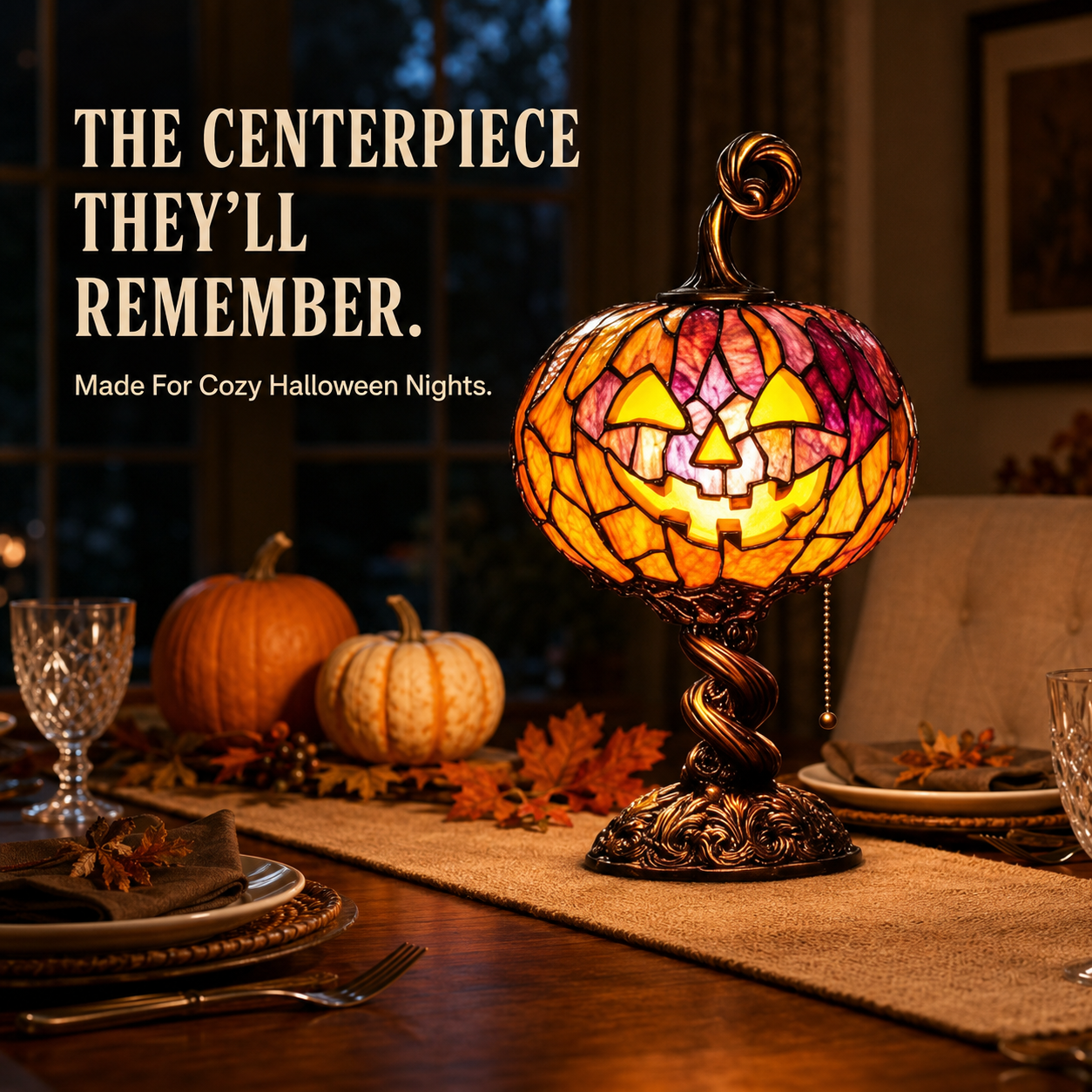 🎃 Halloween Pumpkin Glow Lamp – Vintage Stained-Glass-Style Table Light