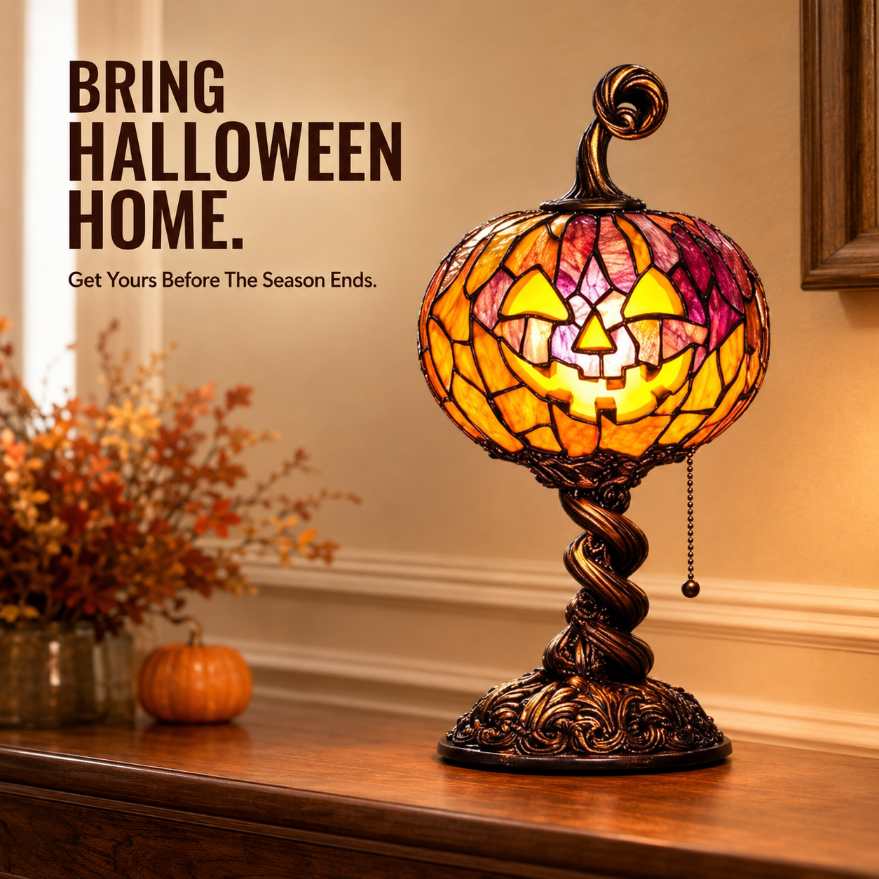 🎃 Halloween Pumpkin Glow Lamp – Vintage Stained-Glass-Style Table Light