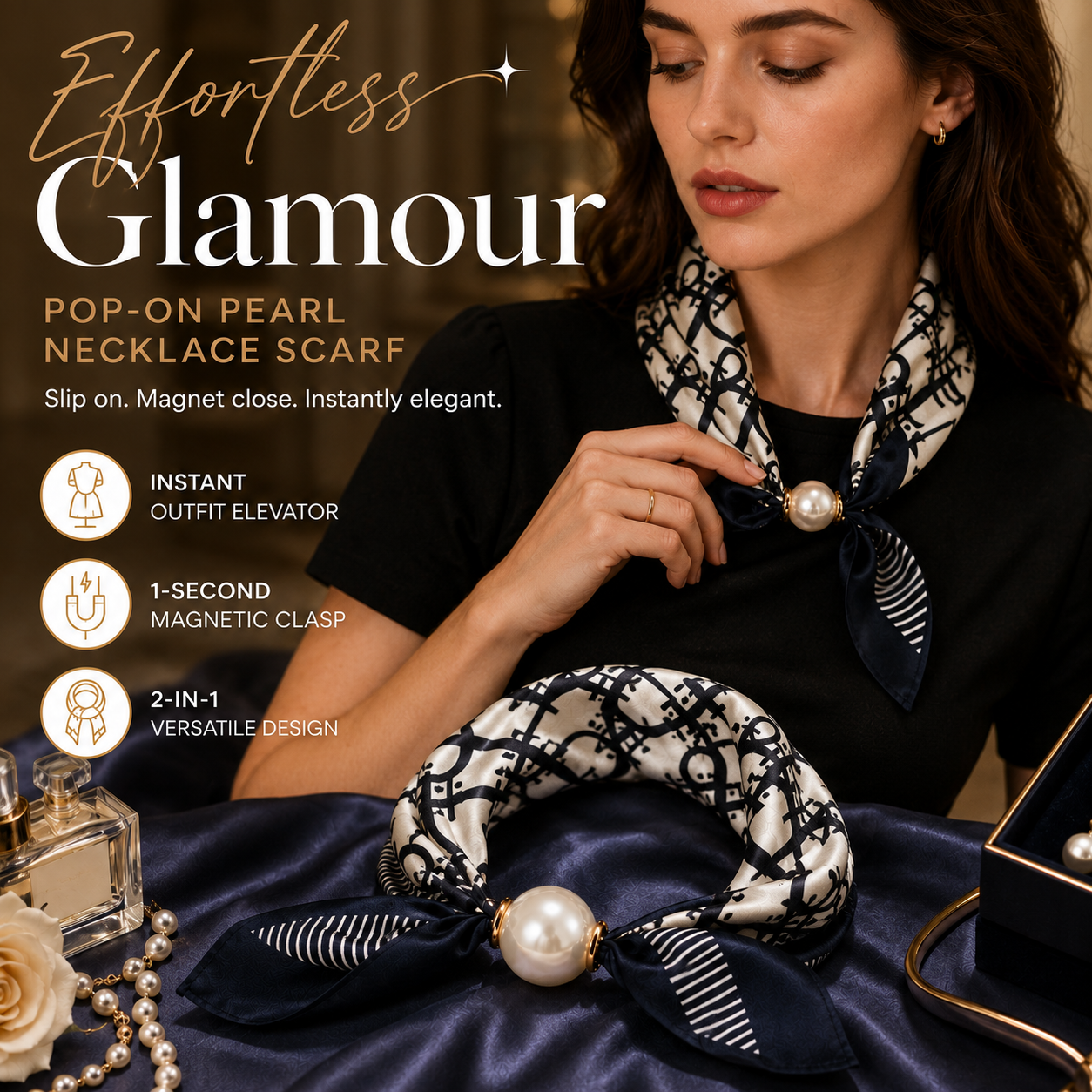✨ Effortless Glamour: Pop-On Pearl Necklace Scarf 🧣