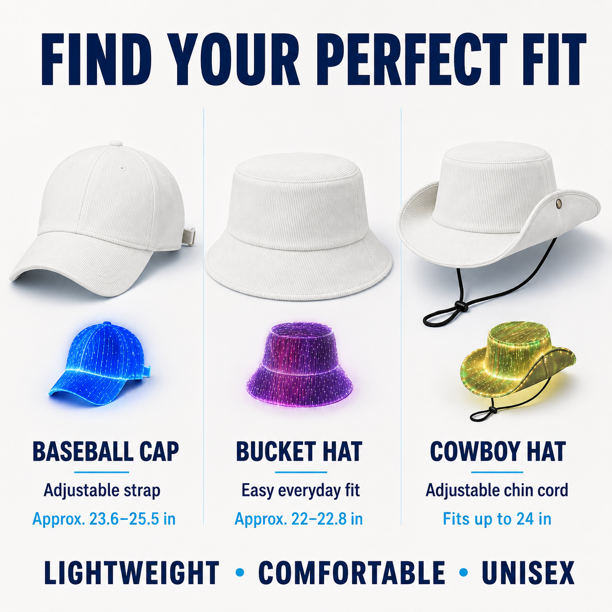 🌈 Light Up Your Night — Rechargeable LED Fiber Optic Hat Collection