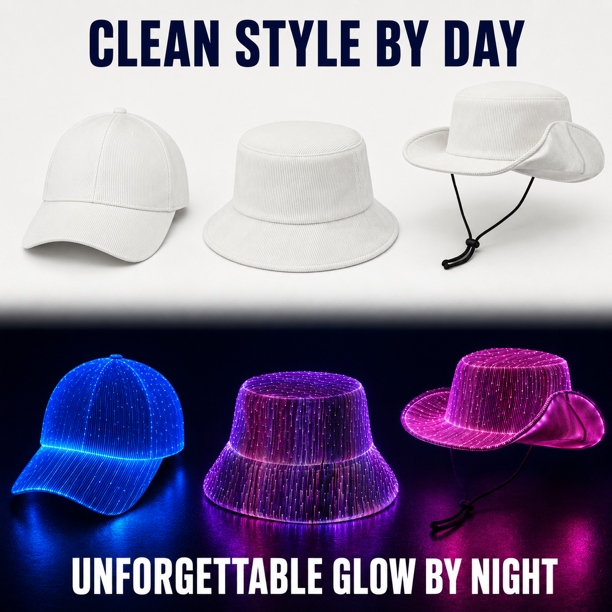 🌈 Light Up Your Night — Rechargeable LED Fiber Optic Hat Collection