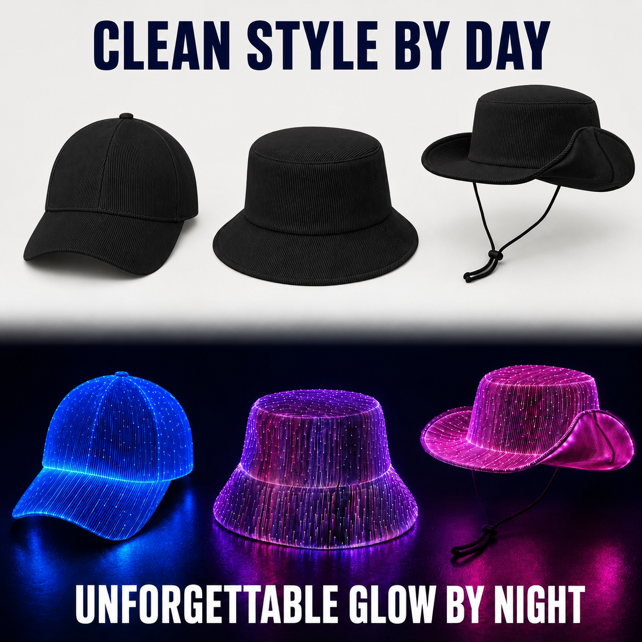 🌈 Light Up Your Night — Rechargeable LED Fiber Optic Hat Collection