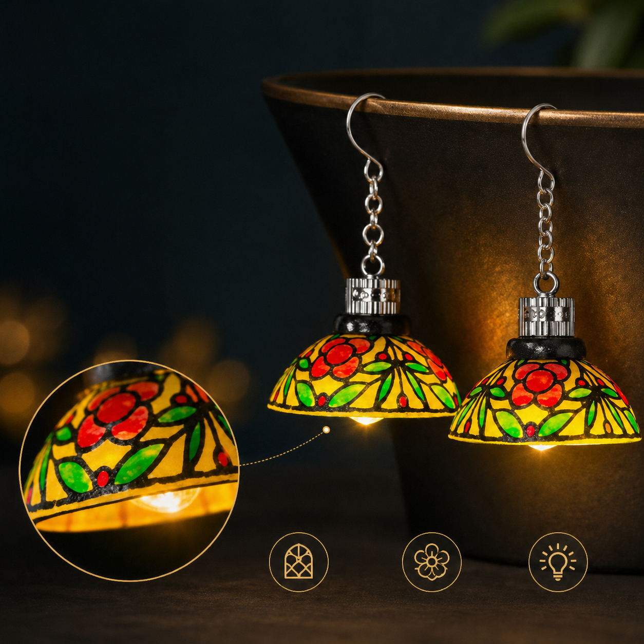 Model wearing vintage light-up chandelier earrings