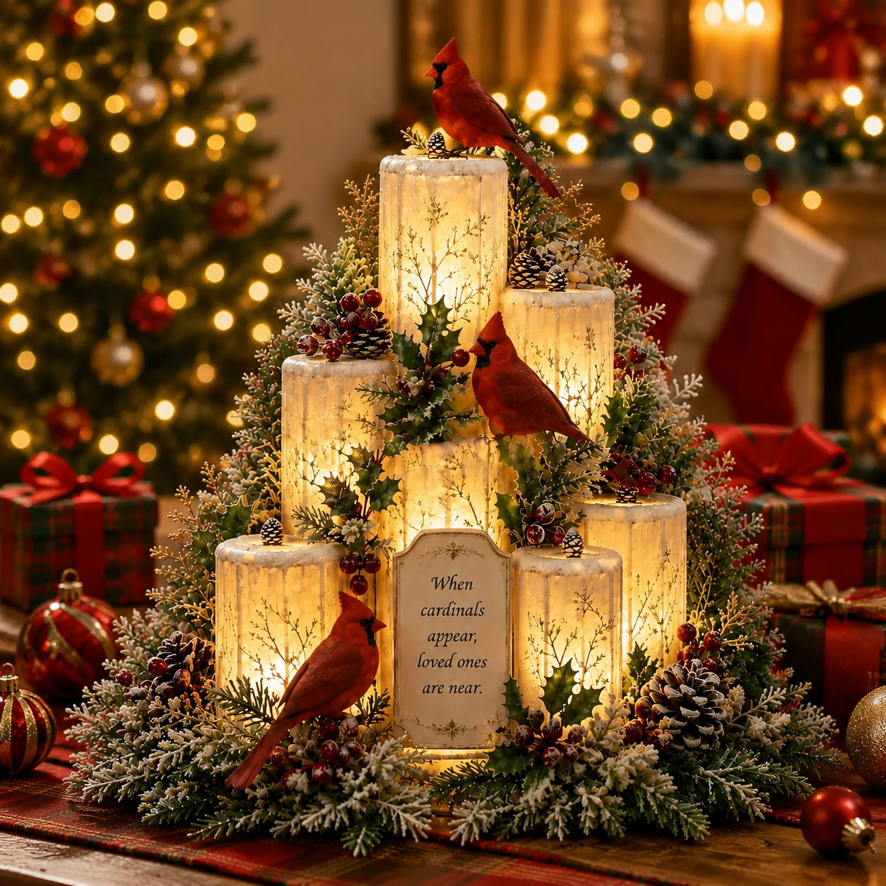 🔥Hot Sale - 50% OFF🔥🐦🕯️Cardinal Remembrance Lighted Christmas Centerpiece – “Loved Ones Are Near”