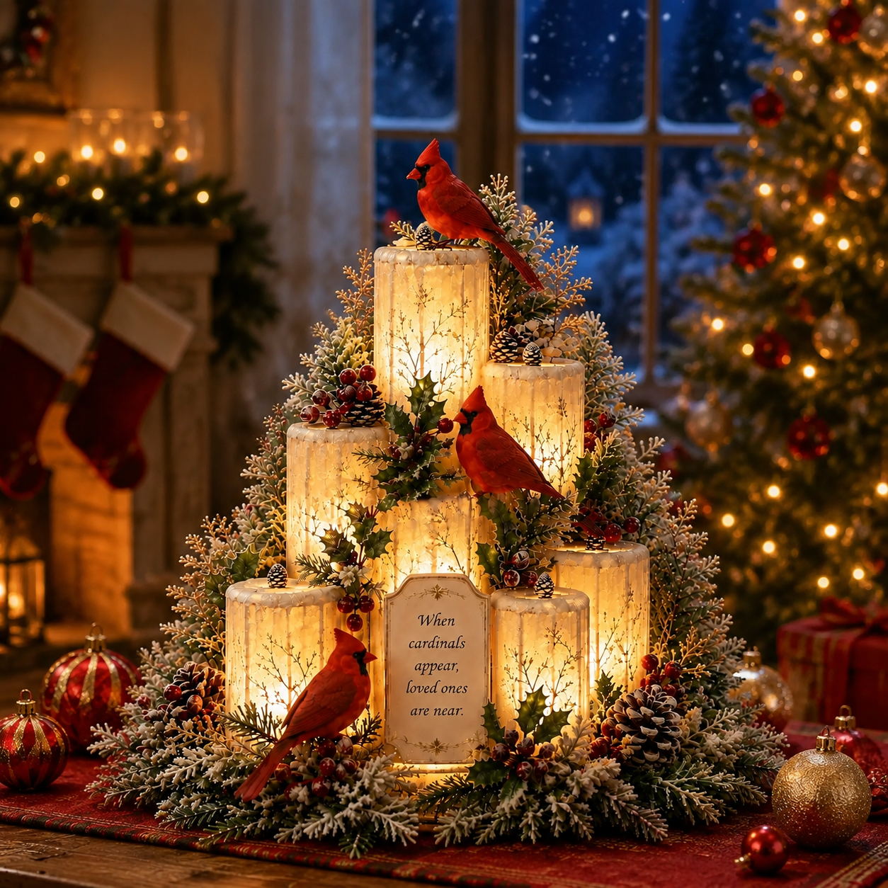 🔥Hot Sale - 50% OFF🔥🐦🕯️Cardinal Remembrance Lighted Christmas Centerpiece – “Loved Ones Are Near”