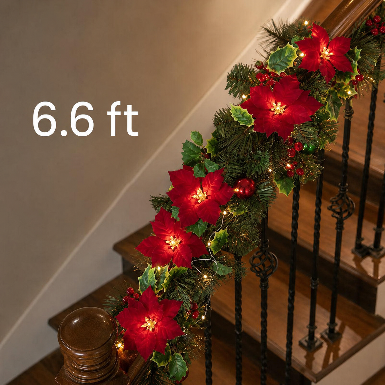 🔥 LAST DAY 50% OFF – Lighted Poinsettia Christmas Garland with LED Lights