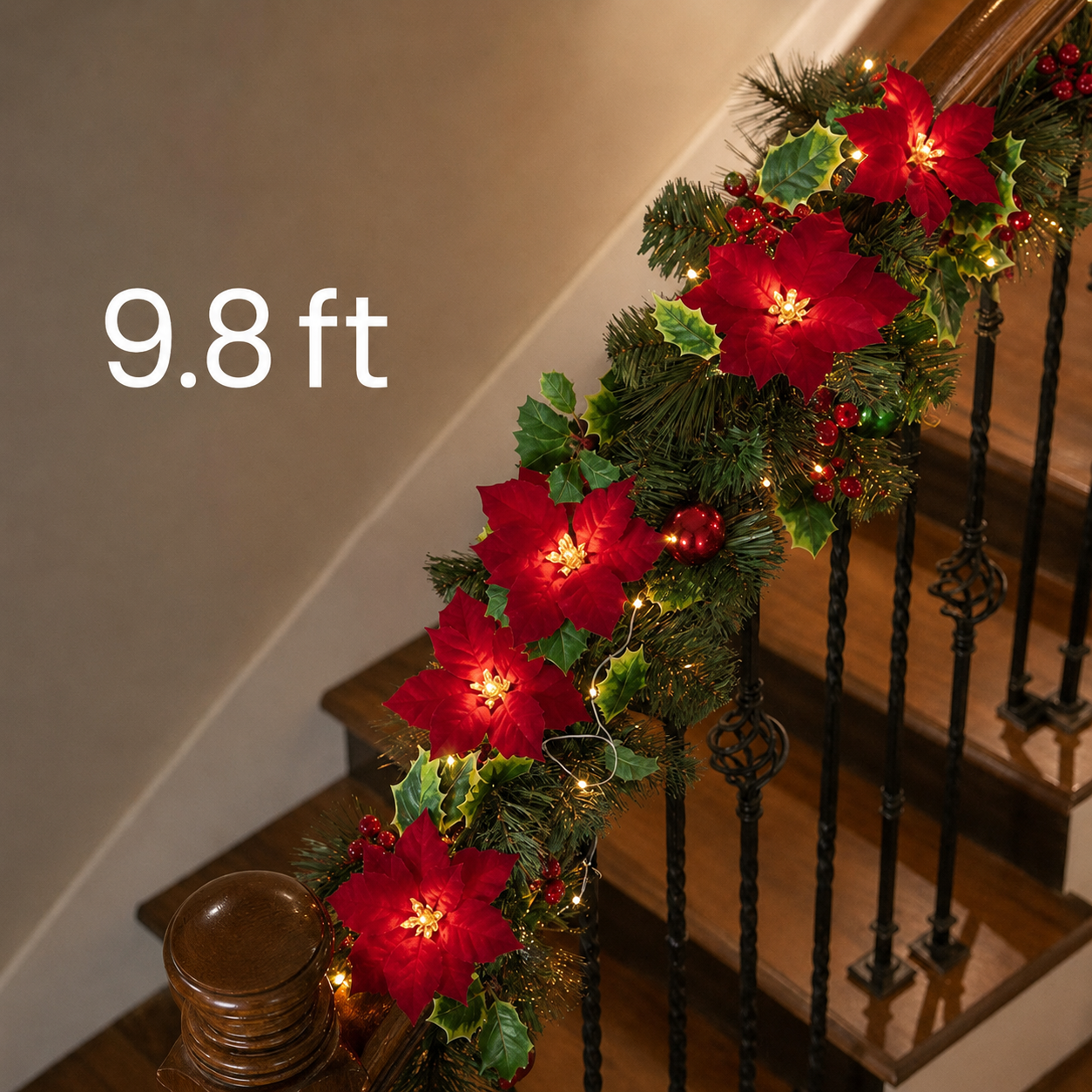 🔥 LAST DAY 50% OFF – Lighted Poinsettia Christmas Garland with LED Lights