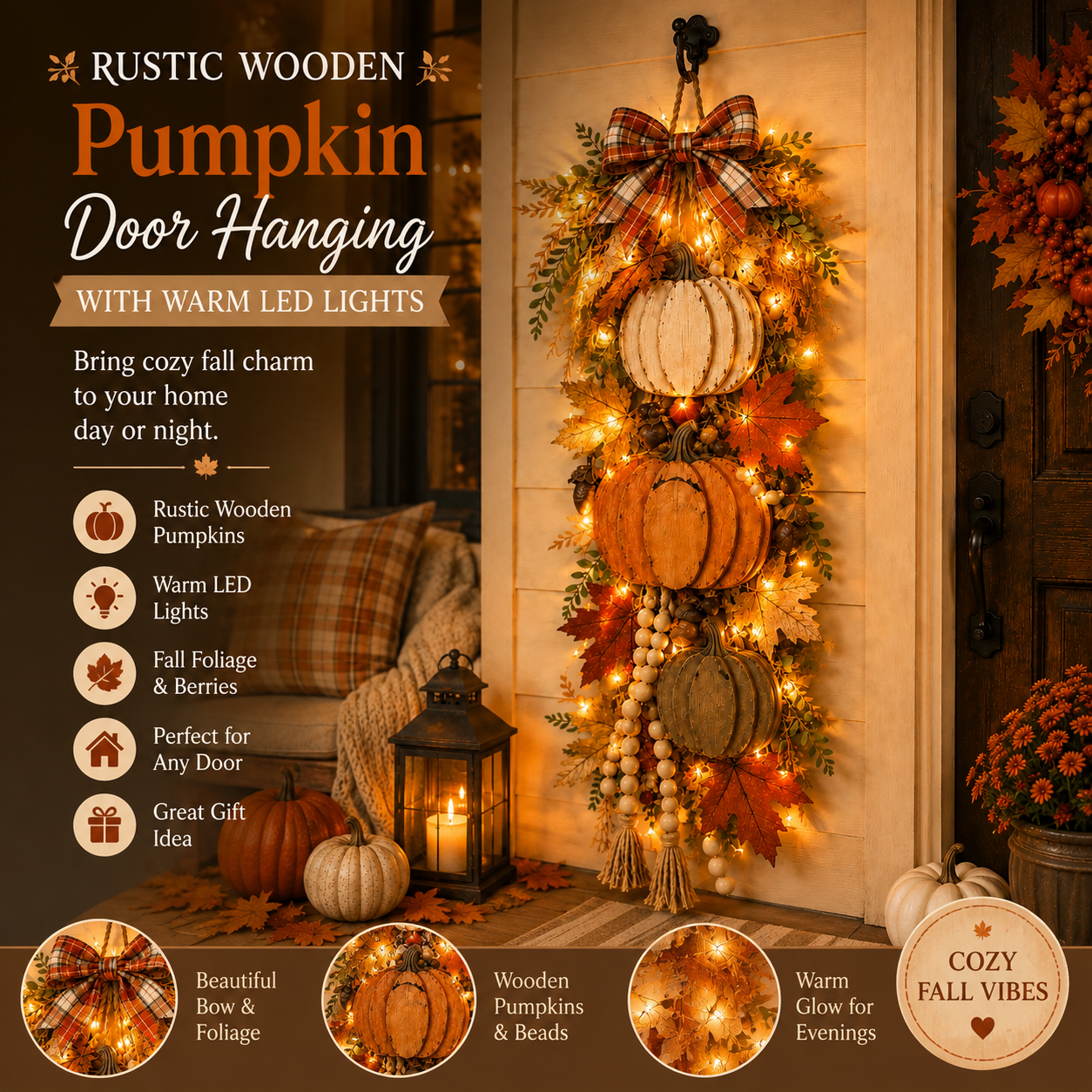 Rustic wooden pumpkin door hanging with warm LED lights