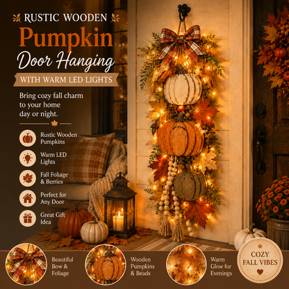 🏡🎃Rustic Wooden Pumpkin Door Hanging with Warm LED Lights