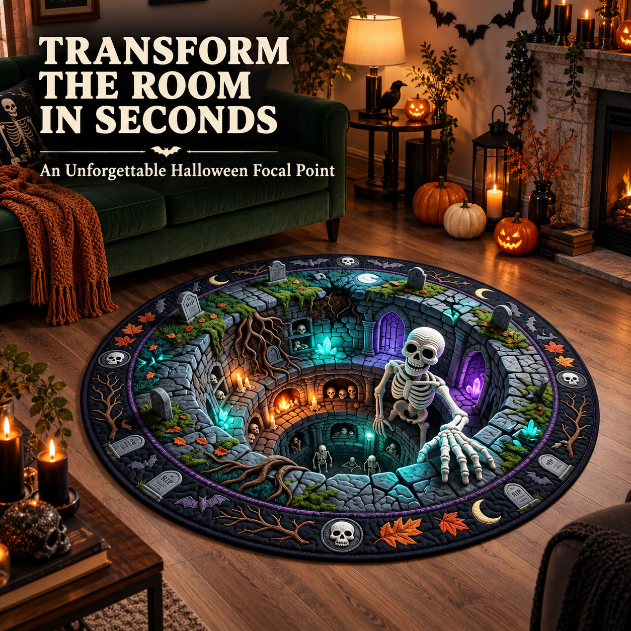 Skull crypt Halloween rug displayed in a decorated living room