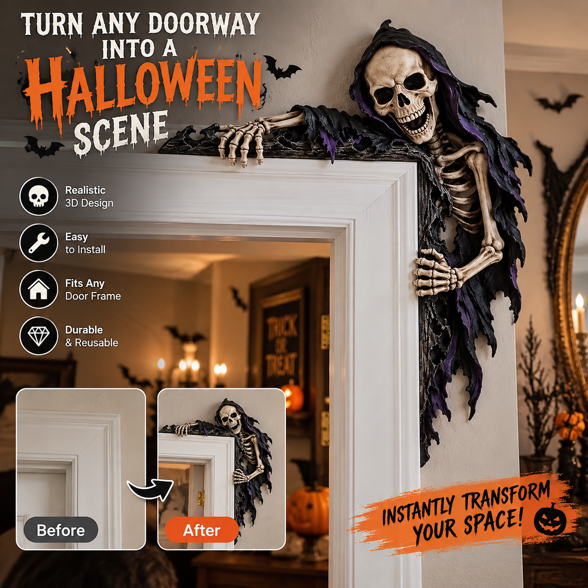 Spooky Reaper doorway before and after