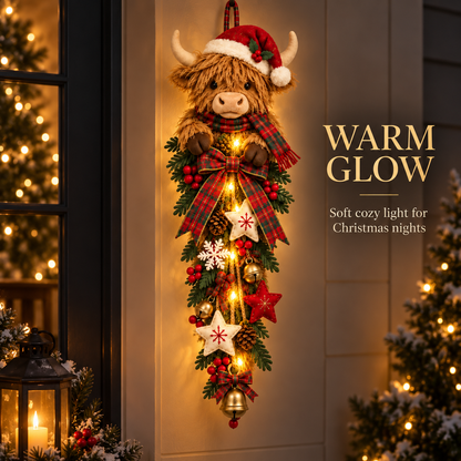 🎄 Lighted Highland Cow Christmas Door Swag – A Cozy Holiday Welcome