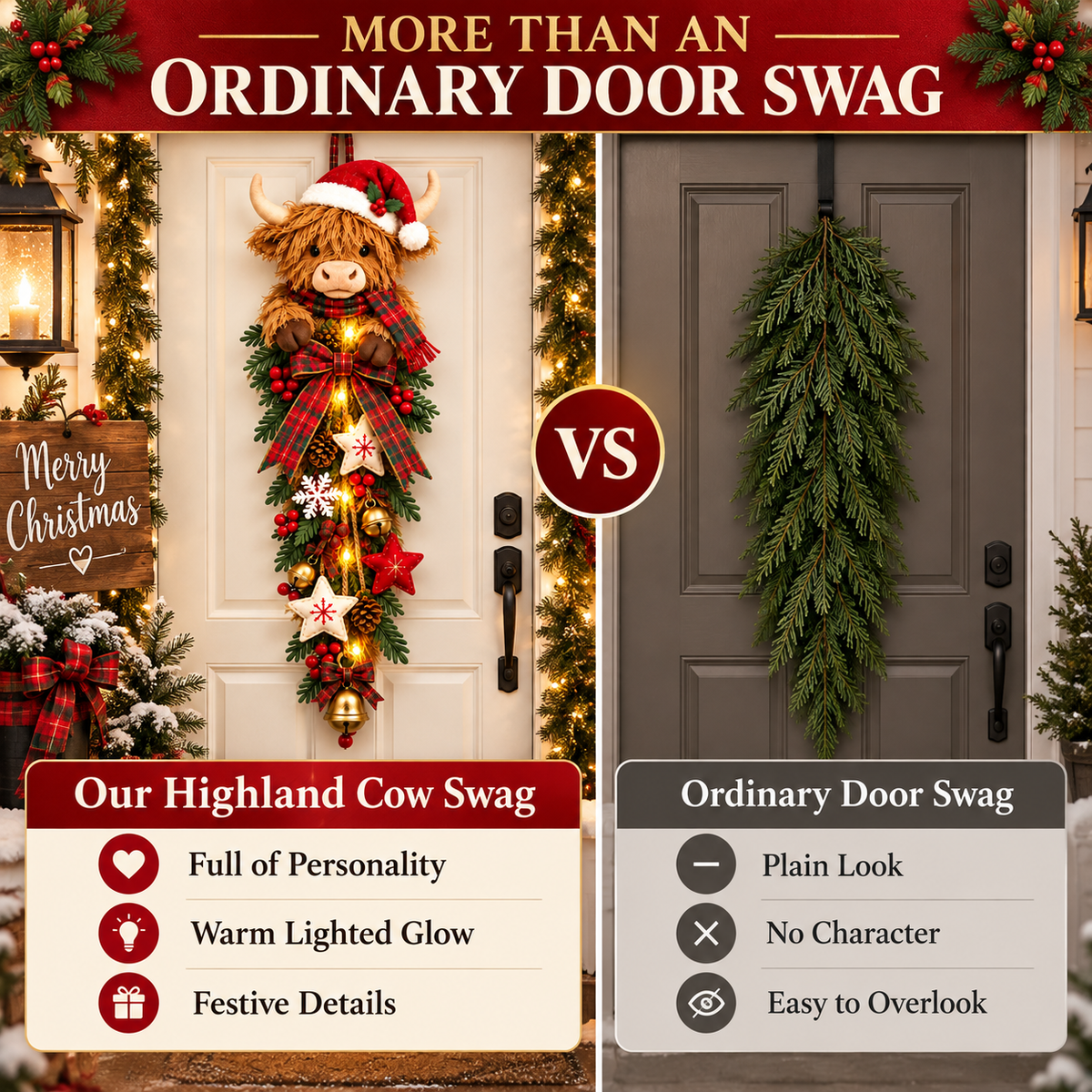 🎄 Lighted Highland Cow Christmas Door Swag – A Cozy Holiday Welcome