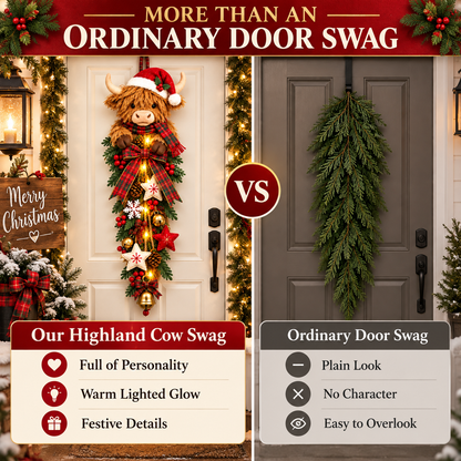 🎄 Lighted Highland Cow Christmas Door Swag – A Cozy Holiday Welcome