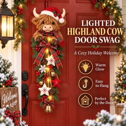🎄 Lighted Highland Cow Christmas Door Swag – A Cozy Holiday Welcome