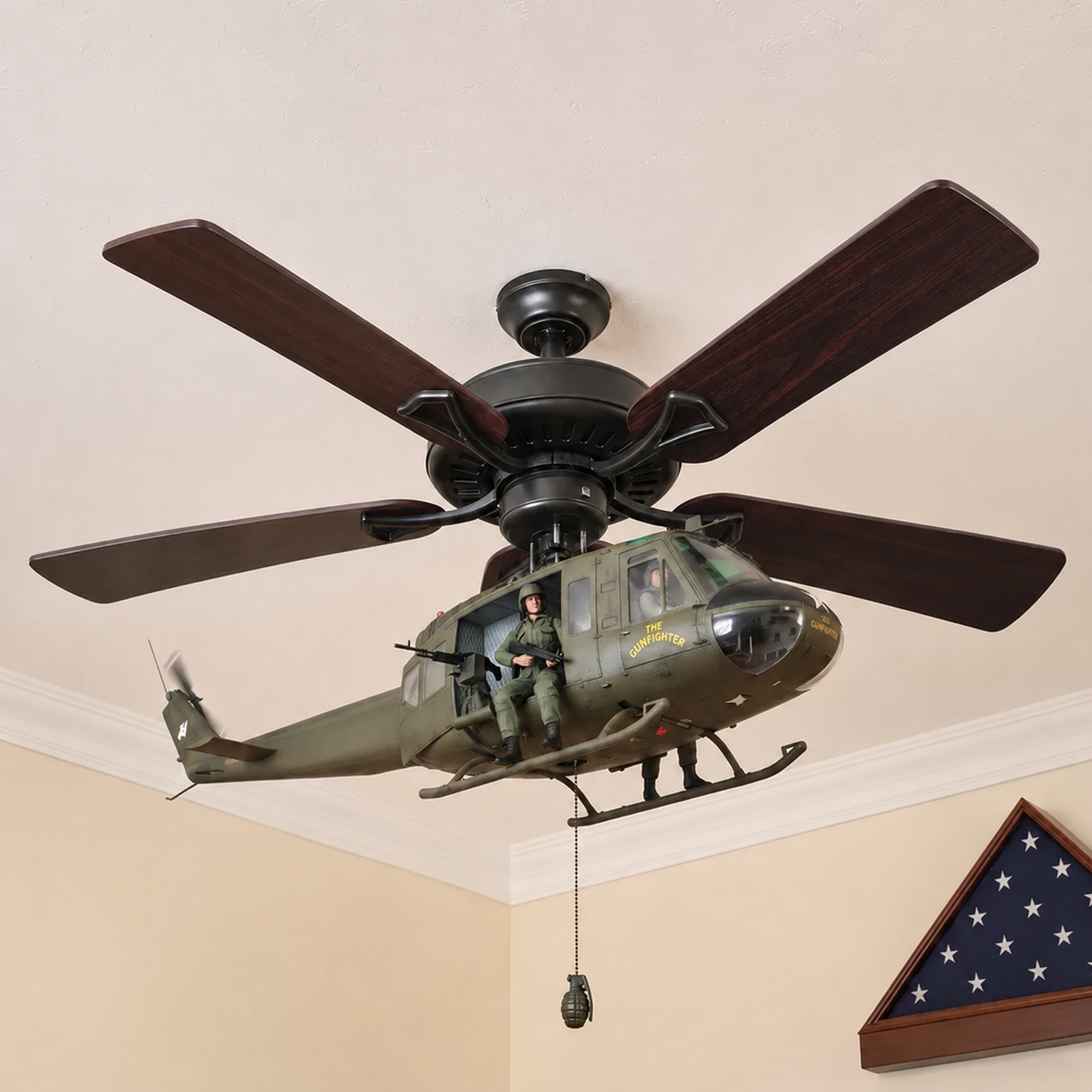 🚁 Military Helicopter Ceiling Fan Decor – Realistic Hanging Ornament for Man Cave & Home.