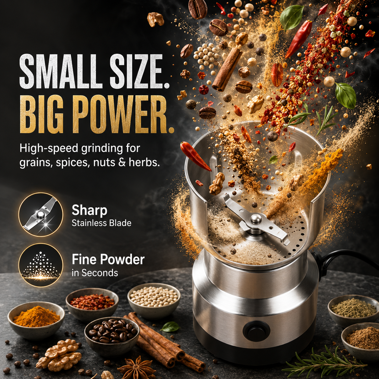Fresh pantry ingredients prepared beside grinder