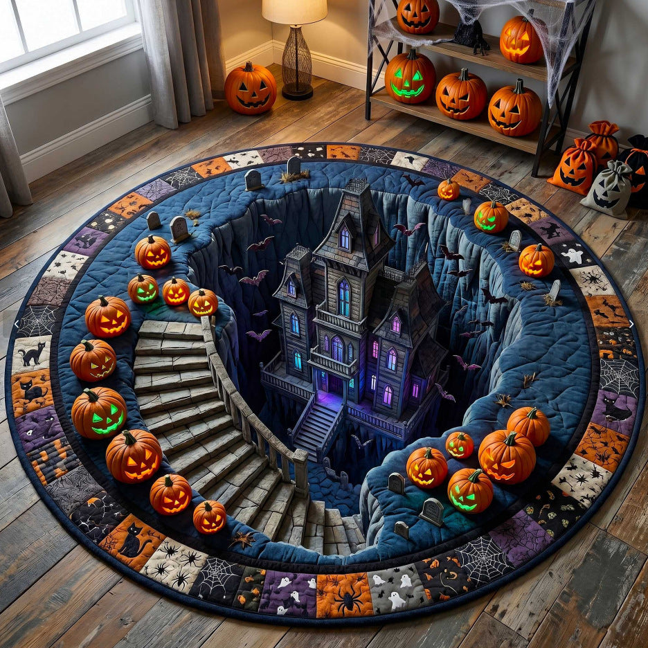 Castle haunted staircase round Halloween rug