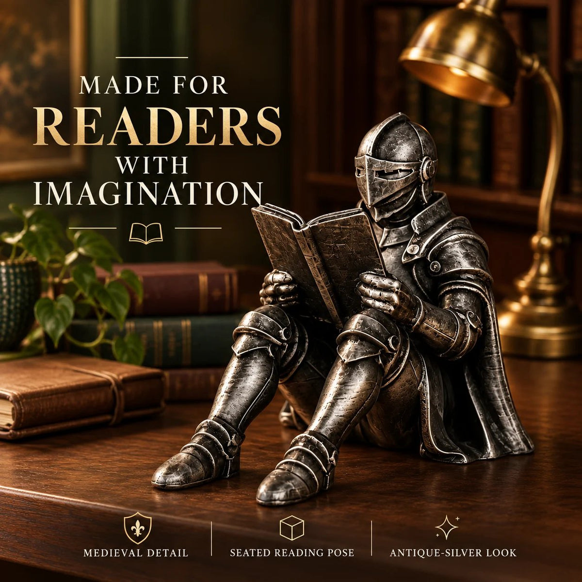 ⚔️ Reading Knight Bookshelf Statue | Medieval Fantasy Bookend Décor