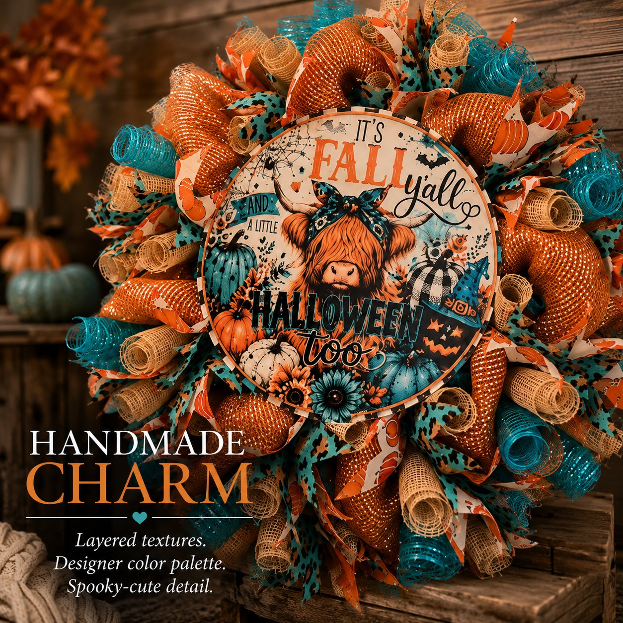 Handmade Highland Cow Fall & Halloween Wreath