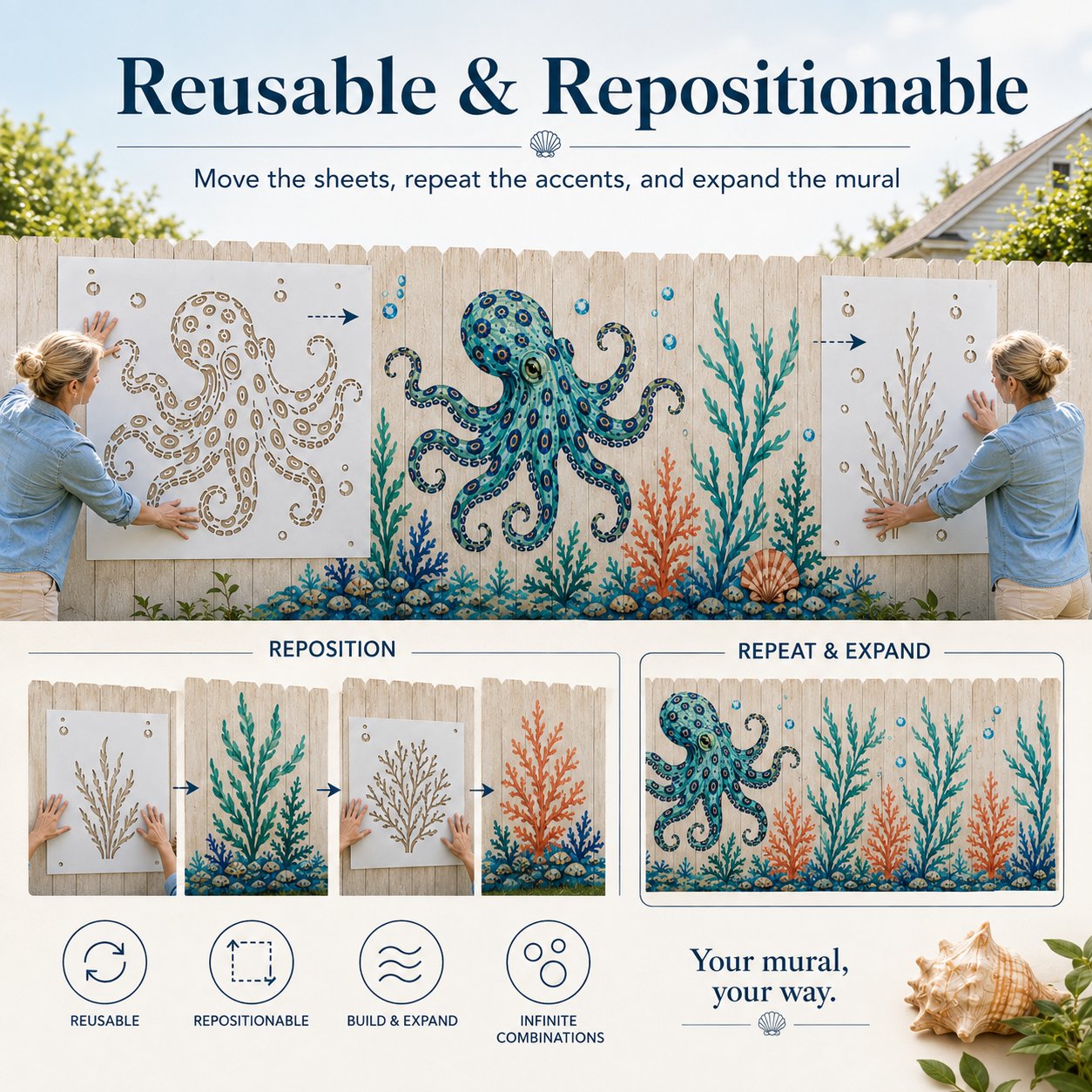 🐙 Reusable Ocean Octopus Mural Stencil Set | Bring Plain Walls & Fences to Life with a Bold Underwater Scene 🌊🎨✨