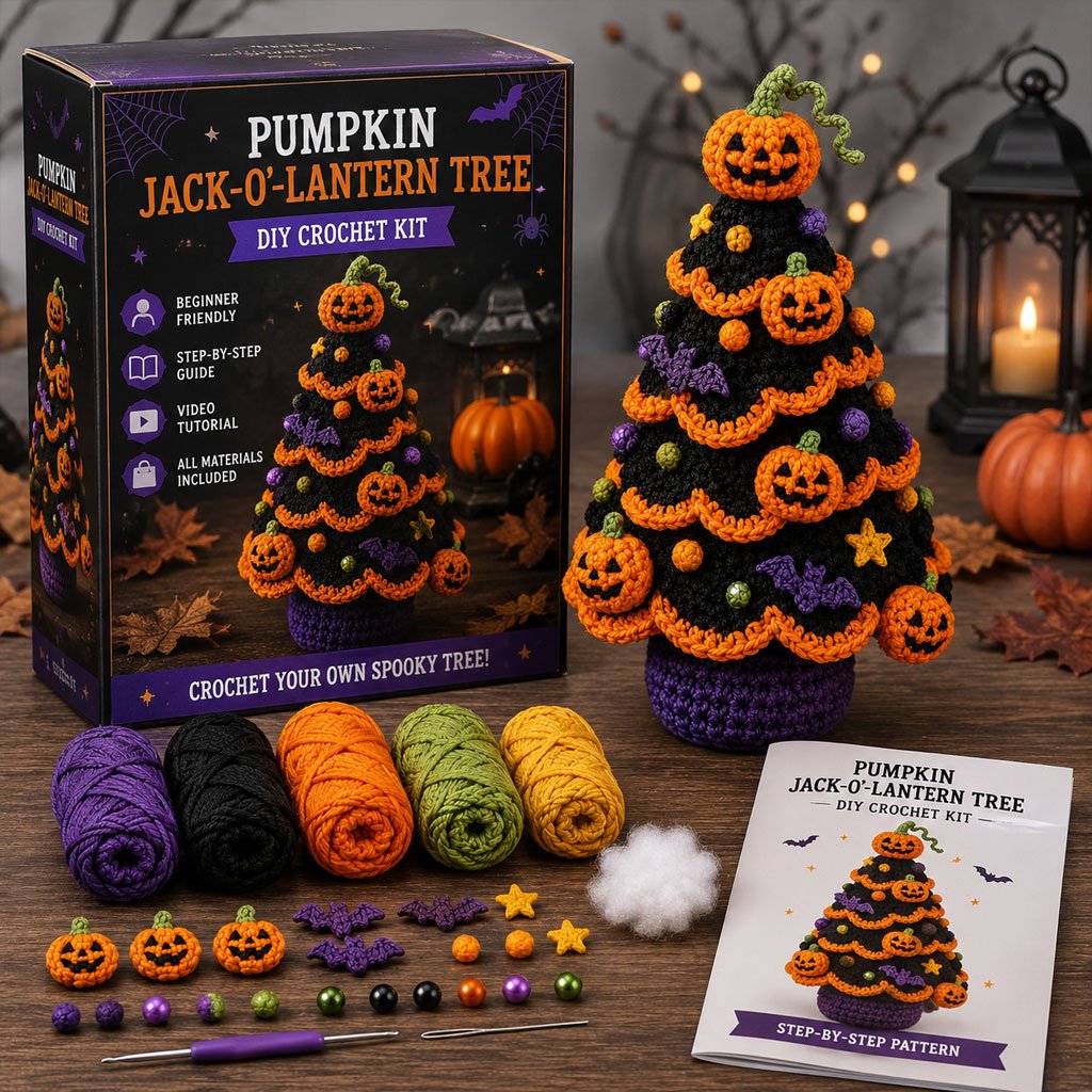 🔥 LAST DAY 49% OFF – 🎃 Halloween Tree DIY Crochet Kit | All-In-One Kit for a Layered 7-Inch Spooky Tabletop Decoration 🧶👻✨