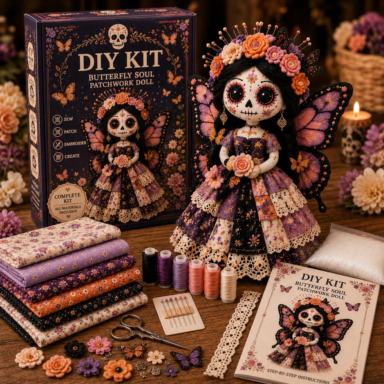 🔥 Day of the Dead Patchwork Doll DIY Kit | Handmade Fabric Craft with Floral Details