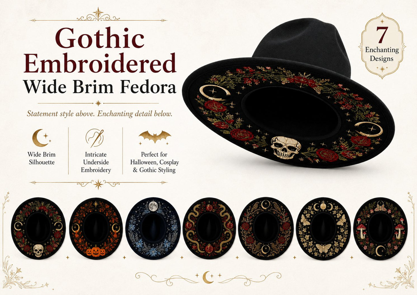 🖤 Gothic Embroidered Wide Brim Fedora Hat | Black Felt Design with Detailed Underside Embroidery in 7 Witchy, Celestial & Halloween Styles 🌙
