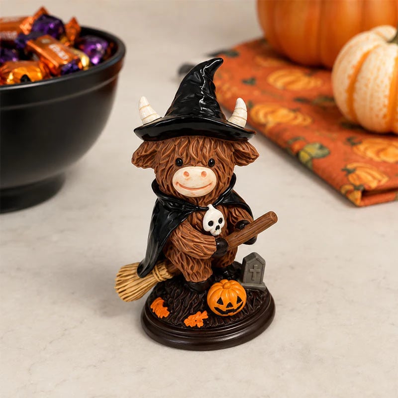 🎃Halloween Highland Cow Witch Ornament – Spooky-Cute Tabletop Decor for Mantel, Shelf & Candy Station