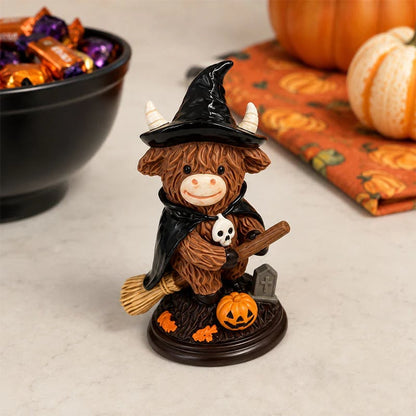 🎃Halloween Highland Cow Witch Ornament – Spooky-Cute Tabletop Decor for Mantel, Shelf & Candy Station