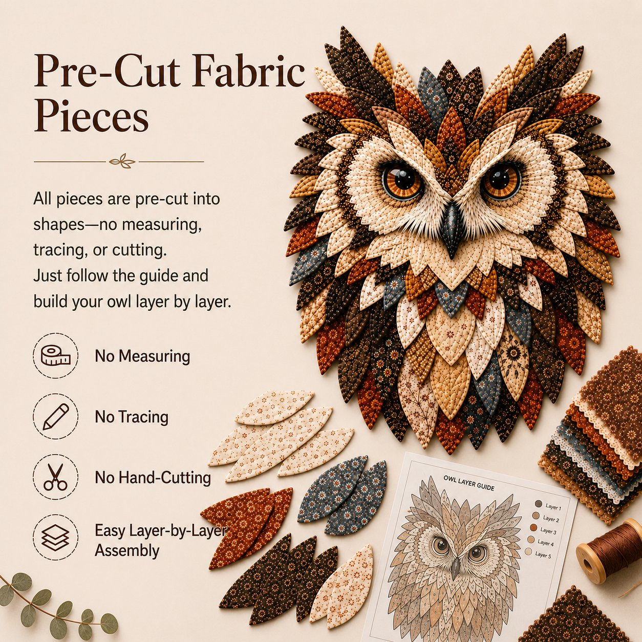 Finished layered fabric owl wall art