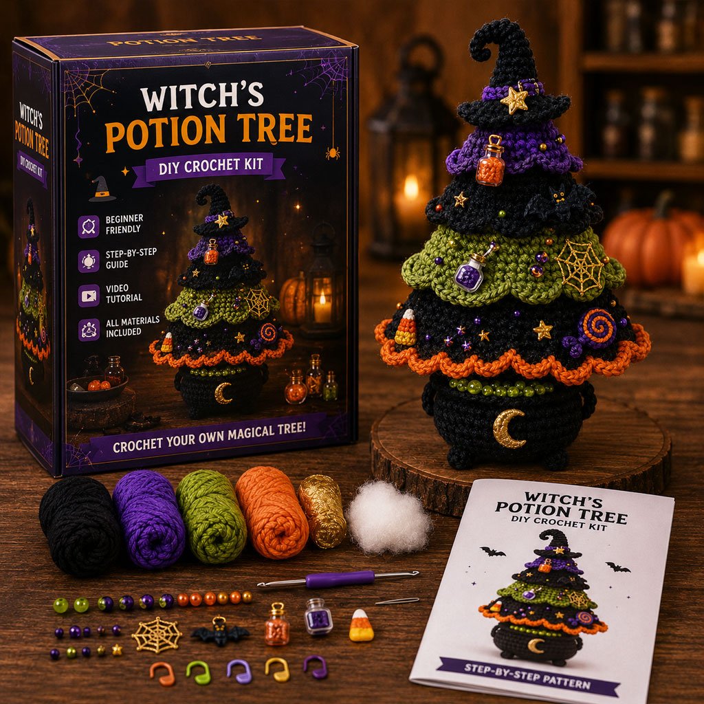 🔥 LAST DAY 49% OFF – 🎃 Halloween Tree DIY Crochet Kit | All-In-One Kit for a Layered 7-Inch Spooky Tabletop Decoration 🧶👻✨