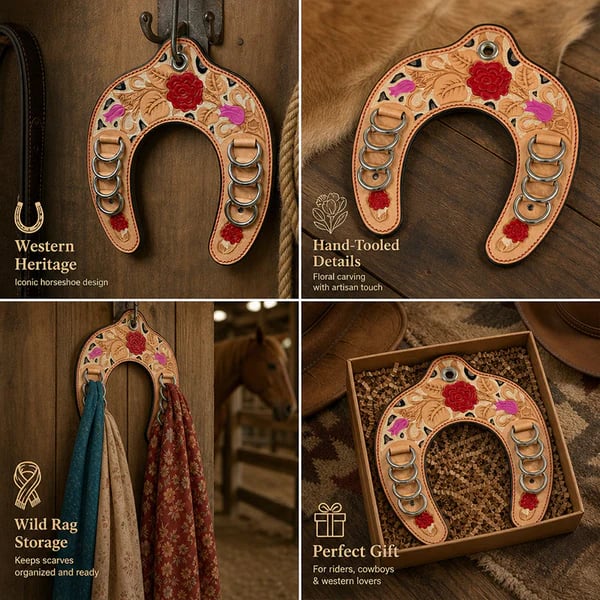 🔥LAST DAY 49% OFF 🤠Handcrafted Leather Horseshoe Wild Rag Holder | Western Scarf & Bandana Organizer