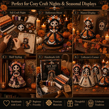 🔥 Day of the Dead Patchwork Doll DIY Kit | Handmade Fabric Craft with Floral Details